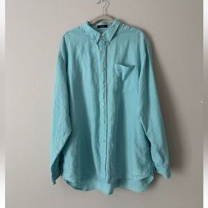 Alan Flusser Men's XXL Shirt Blue 100% Linen Long Sleeve Button Up Pocket EUC